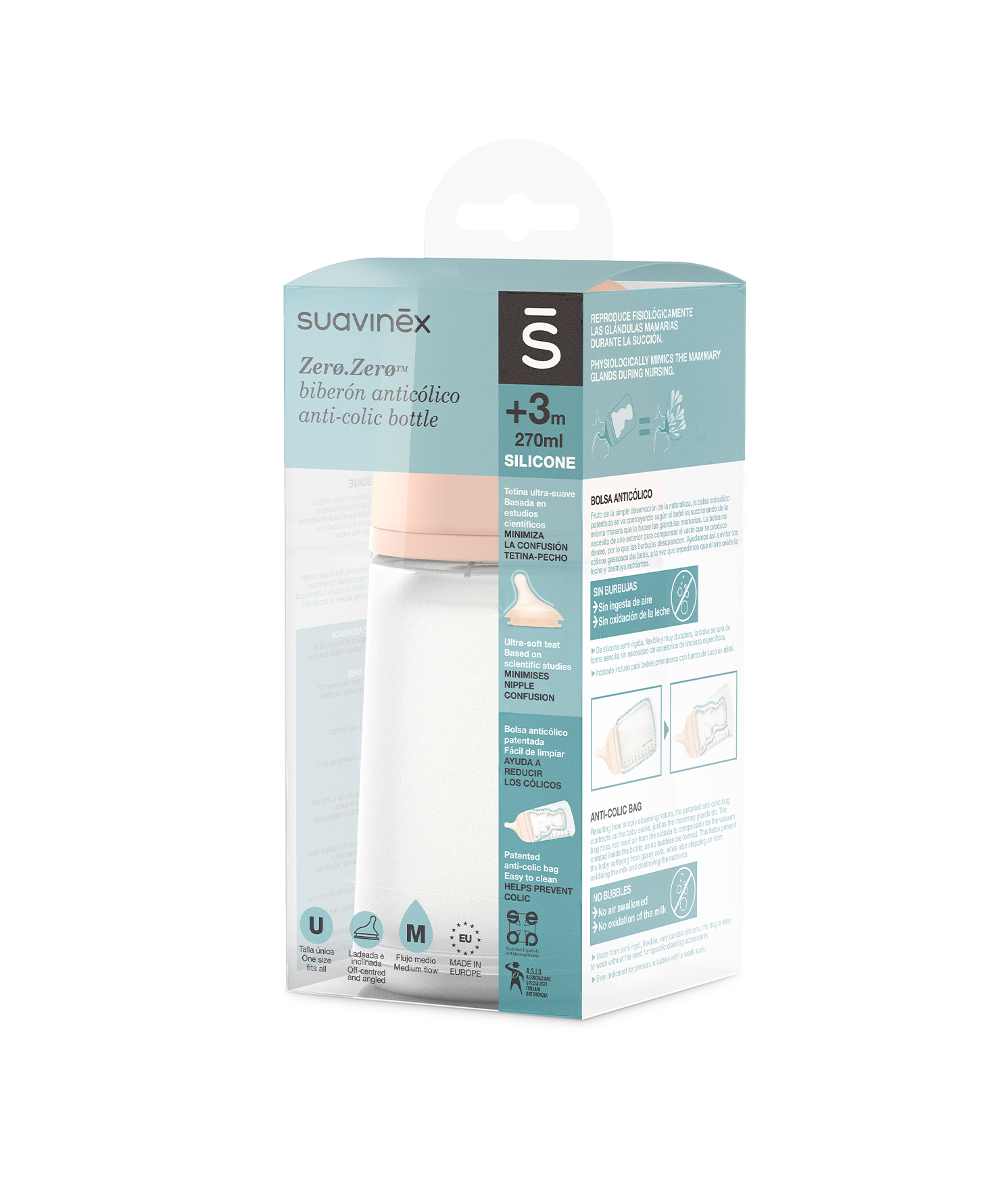 BIBERON ANTICOLICI CU DEBIT MEDIU 270 ML ZERO ZERO SUAVINEX Infant.ro
